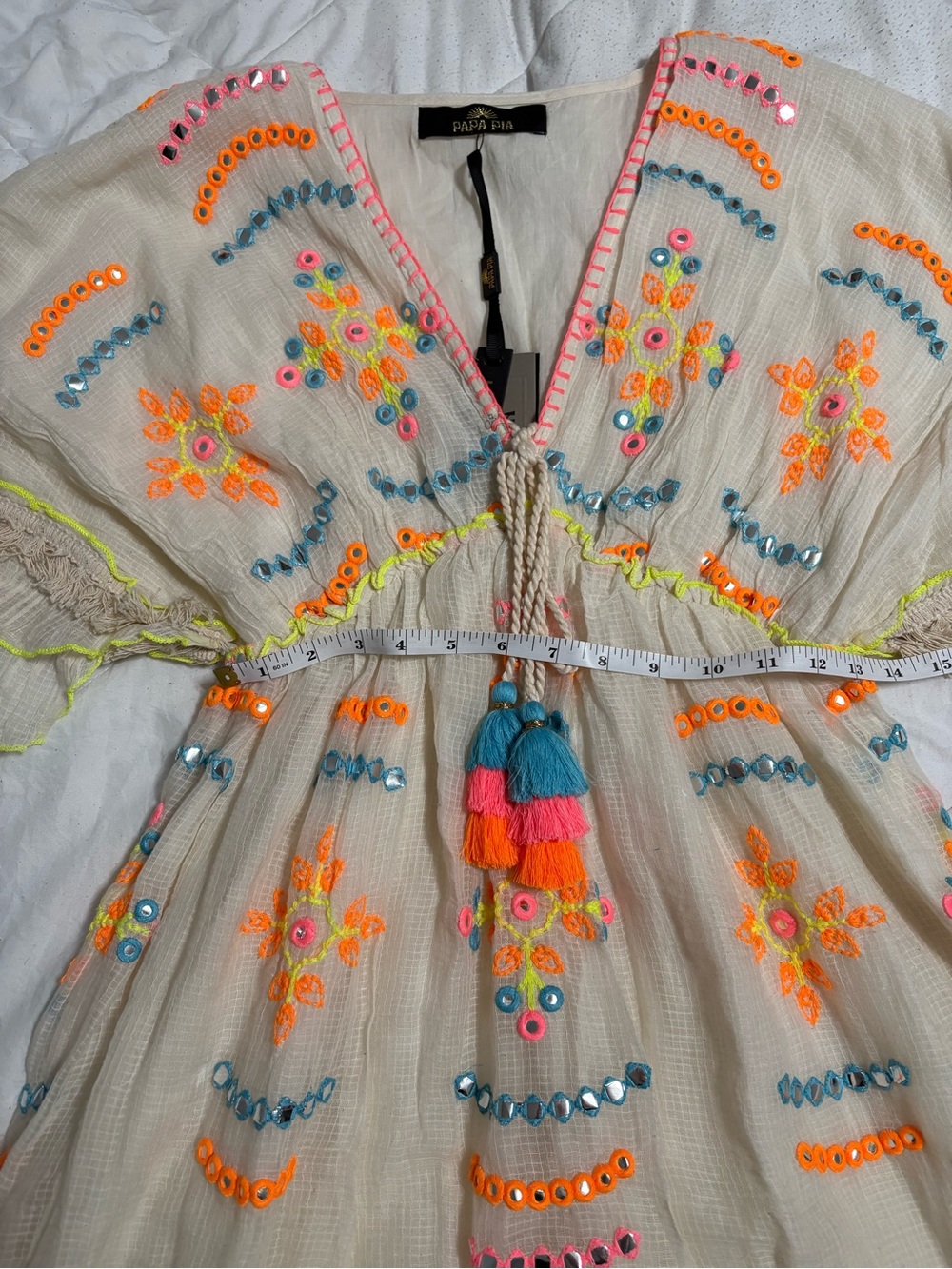 NWT Papa Pia Luxe Cream Mini Dress with Neon Embroidery & Mirror Accent Detail - Picture 8 of 10